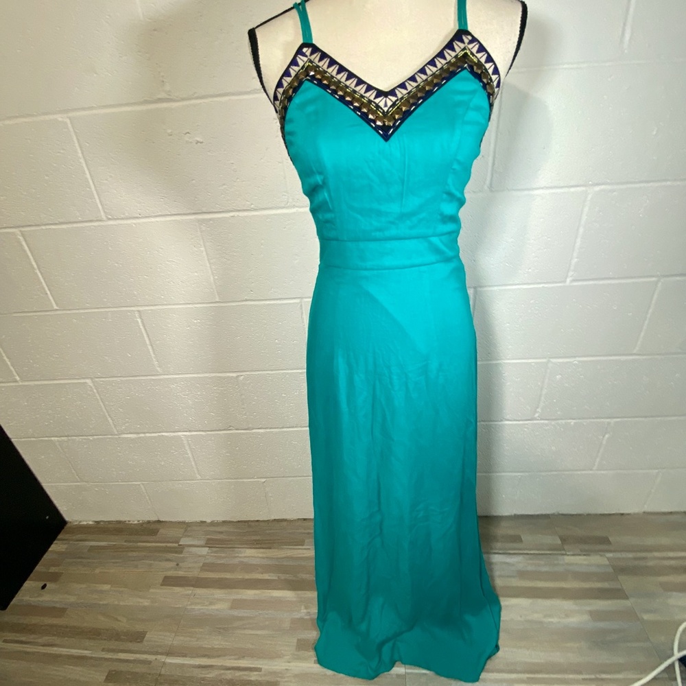 Marineblu Teal Embellished Spaghetti Strap Maxi Dress